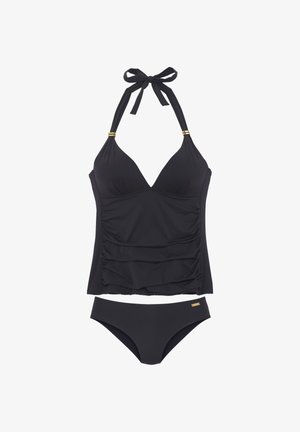 Czarny dwuczęściowy kostium kąpielowy z topem typu tankini na szyję z złotymi akcentami oraz dołem bikini z małą złotą plakietką z logo.