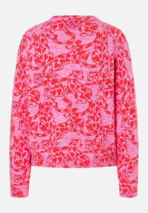 Pink sweater featuring a red animal print design with hearts, long sleeves, and a rounded neckline. Soft texture with a casual fit.