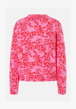 Pink sweater featuring a red animal print design with hearts, long sleeves, and a rounded neckline. Soft texture with a casual fit.