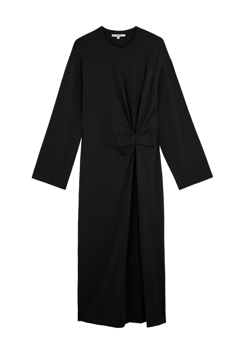 Abito lungo nero a maniche lunghe realizzato in tessuto morbido, con dettaglio a nodo intrecciato in vita e silhouette lineare con uno spacco.