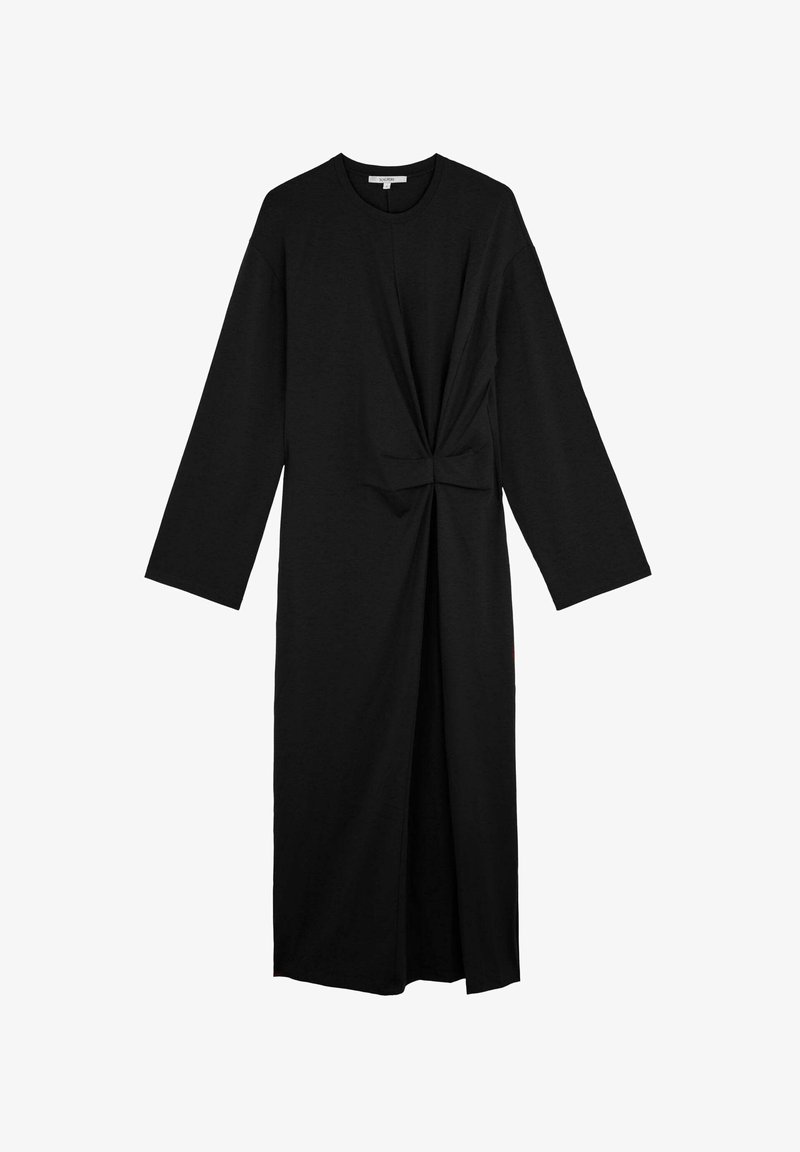 Zwarte lange mouwen jurk van zachte stof, met een gedraaide knoopdetail op de taille en een rechte silhouet met een split.