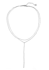 Srebrny naszyjnik wielowarstwowy z delikatnymi łańcuszkami w kształcie litery Y, okrągłymi koralikami oraz zapięciem w postaci homara z regulowanym łańcuszkiem.