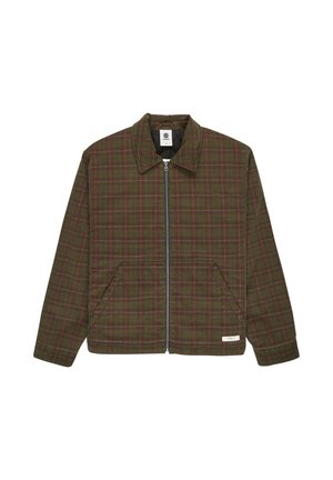 Giacca a quadri verde con chiusura a zip, colletto e due tasche frontali. Il tessuto ha una texture liscia con accenti in contrasto bordeaux e blu navy.