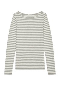 Langarmshirt in Hellgrau mit weißen horizontalen Streifen. Verfügt über einen weiten Halsauschnitt und einen weichen, strukturierten Stoff.