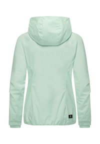 Mintgroene lichtgewicht jas met capuchon, elastische boorden en een nauwsluitend ontwerp. Gladde textuur en minimalistische stijl.