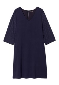 Marineblaues Kleid mit einem V-Ausschnitt, dreiviertellangen Ärmeln mit strukturiertem Spitzenstoff und einem dezenten Rückenverschluss. Glatte Stoffqualität mit lockerer Passform.