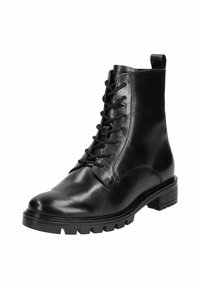 Stivale ankle in pelle nera con punta rotonda, lace-up frontale, suola in gomma robusta e un piccolo anello sul retro per una facile indossabilità.