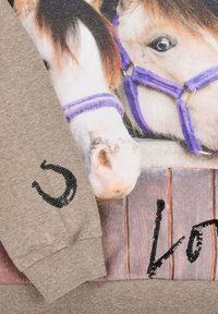 Gray sweatshirt featuring a photographic print of horses. The design includes sequin accents and ribbed cuffs for texture and detail.