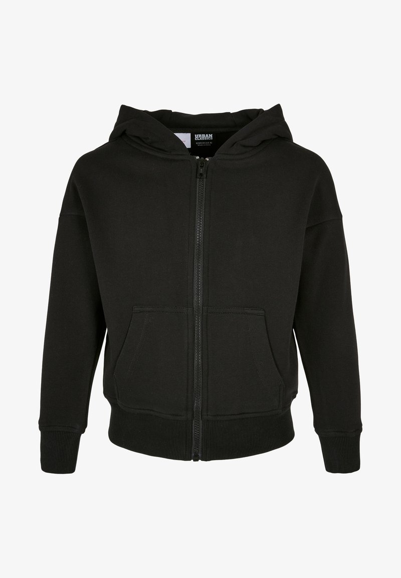 Juodas zip-up džemperis pagamintas iš vidutinio svorio audinio, turi gobtuvą, priekinę kišenę, sutrauktus rankogalius ir tiesią iškirptę.