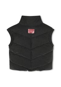 Gilet senza maniche nero imbottito con colletto alto e cuciture riflettenti. Un'etichetta rossa "BILLIEBLUSH" è visibile sulla parte superiore della schiena.