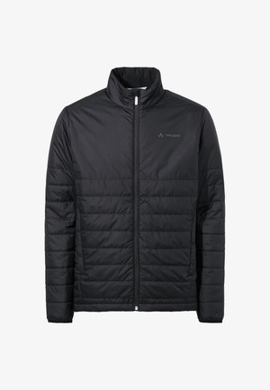 Zwarte geïsoleerde jas met een volledige ritssluiting, hoge kraag, gewatteerd ontwerp, gladde textuur en een subtiel logo op de bovenste linkerkant van de borst.