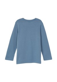 Lange mouw t-shirt van lichtblauwe stof. Heeft een ronde halslijn en een eenvoudig ontwerp, met een effen structuur en geen zichtbare patronen of accenten.
