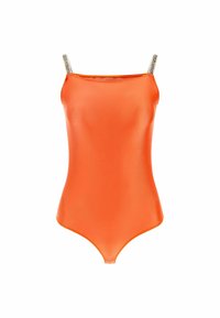 Costume da bagno arancione brillante con una texture liscia e lucida. Presenta spalline sottili con accenti metallici per un tocco in più.