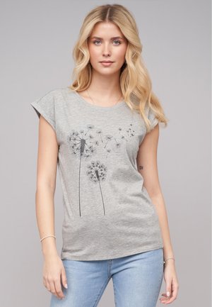 T-shirt gris à manches courtes avec un graphique de pissenlit en noir. Fabriqué en matériau doux avec une coupe décontractée et un col rond.