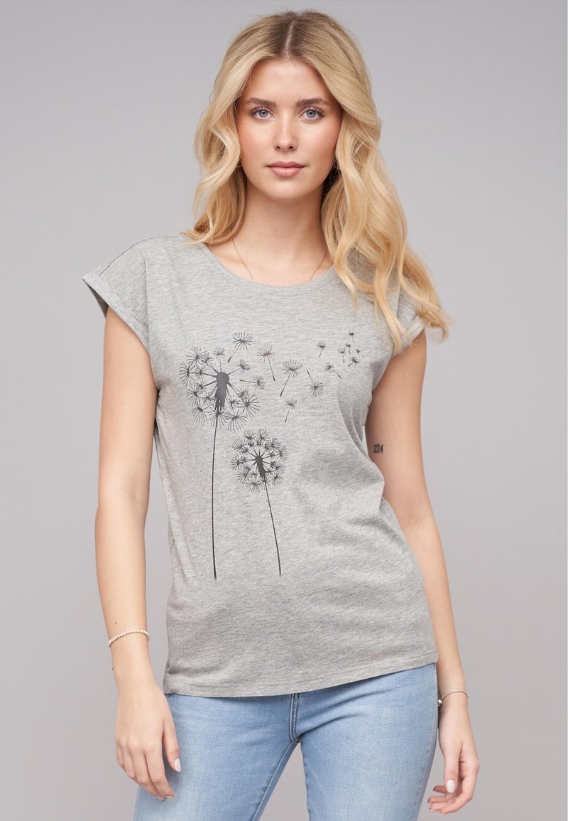 T-shirt gris à manches courtes avec un graphique de pissenlit en noir. Fabriqué en matériau doux avec une coupe décontractée et un col rond.