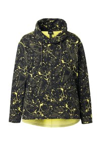 Sudadera de patrón negro y amarillo con cuello alto, cordón y mangas largas. Tela suave con un ajuste relajado y dobladillo curvado.