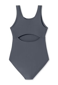 Grauer Einteiler-Badeanzug mit Ausschnitt in der Taille, der eine strukturierte Ausschnittlinie und glattes, elastisches Material aufweist.
