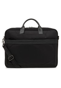 Borsa per laptop in nylon nero con dettagli in pelle, doppio manico superiore, tracolla regolabile e chiusura con zip. Design pulito e rettangolare.
