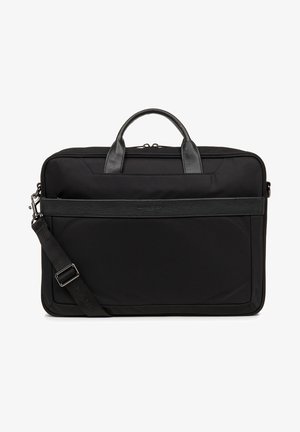Borsa per laptop in nylon nero con dettagli in pelle, doppio manico superiore, tracolla regolabile e chiusura con zip. Design pulito e rettangolare.