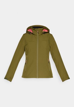 Alyvuogių žalia minkšto audinio striukė su kapišonu, rožinė vidinė pamušalas, priekinis užtrauktukas ir dvi šoninės kišenės su užtrauktukais. Slydus paviršius.