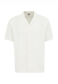 Vit kortärmad kofta med texturerat stickmönster, notched krage och fem knappar framtill. Har ribbad nederkant och muddar.