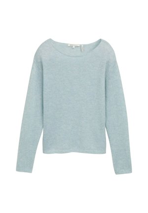 Maglione lavorato a maglia di colore azzurro chiaro con maniche lunghe, scollatura tonda e vestibilità comoda. La texture appare morbida con un motivo sottile.