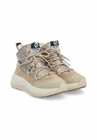 Beige High-Top-Sneaker mit glänzendem Obermaterial, strukturierten Akzenten und gepolstertem Kragen. Mit gemusterten Schnürsenkeln und einer dicken, gepolsterten Sohle.