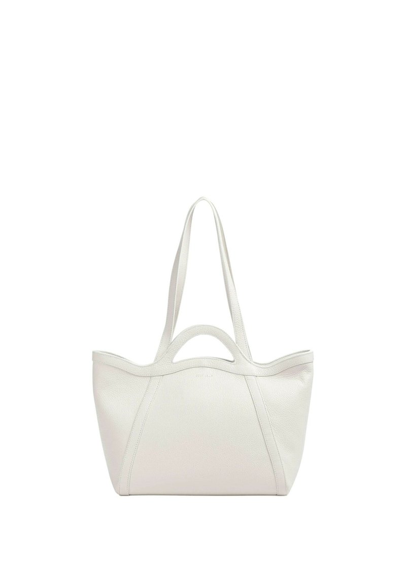 Borsa a tracolla bianca in pelle con doppi manici lunghi, forma arrotondata e superficie liscia. Presenta un design minimalista con dettagli di cucitura sottili.