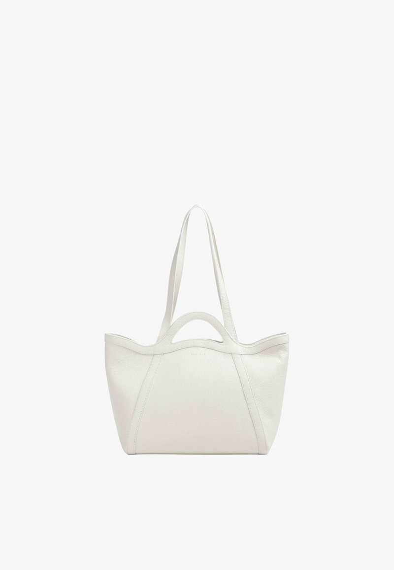 Borsa a tracolla bianca in pelle con doppi manici lunghi, forma arrotondata e superficie liscia. Presenta un design minimalista con dettagli di cucitura sottili.