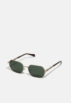 Des lunettes de soleil teintées de vert avec une forme octogonale, une monture en métal doré et des branches à motif écaille de tortue. Comprend des détails de matériel à motifs.