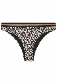 Damskie majtki bikini w kwiecisty wzór, na czarnym tle z różowymi i niebieskimi kwiatami, posiadają błyszczący czarny pas i miękki materiał.