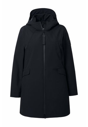Schwarze Softshell-Jacke mit Kapuze, Vorderzip-Verschluss, zwei Seitentaschen und einem klaren, minimalistischen Design mit geradem Schnitt.