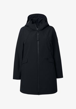 Veste softshell noire avec capuche, fermeture éclair à l'avant, deux poches latérales et un design épuré et minimaliste avec une coupe droite.