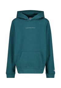 Teal huppari pehmeästä puuvillasekoitteesta, jossa on kengurutasku, ribattu hihansuu ja teksti "TUTKI, UNELMOI, LÖYDÄ" edessä.