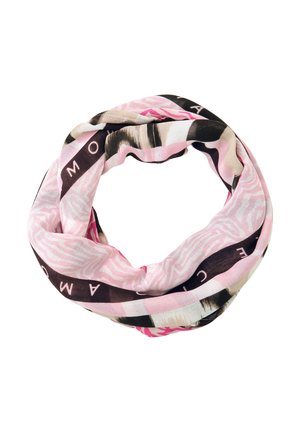 Pink-schwarzer Infinity-Schal mit abstrakten Mustern und teilweisem weißen Text, kreisförmig auf weißem Hintergrund angeordnet.