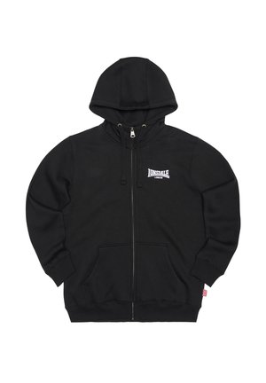 Sort hættejakke med lynlås lavet af bomuldsblanding, med frontlomme, snøre i hætten og hvidt Lonsdale-logo på brystet.