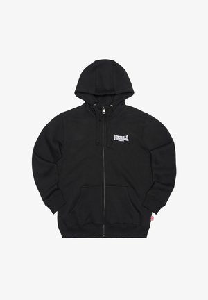 Sort hættejakke med lynlås lavet af bomuldsblanding, med frontlomme, snøre i hætten og hvidt Lonsdale-logo på brystet.