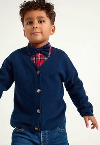 Navy blue knitted cardigan with five circular buttons, worn over a red and blue plaid shirt, complemented by a matching bow tie.