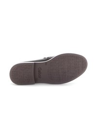 Zool van een bruine leren schoen met een getextureerd profiel, merknnaam "Gabor," maat 4½, en het label "Made in Brazil."