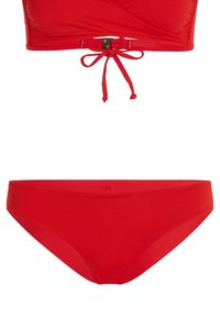 Rode bikini set met een cropped top met een striksluiting en naadloze, hooggewaisted onderkant. Gladde stof zonder zichtbare patronen.