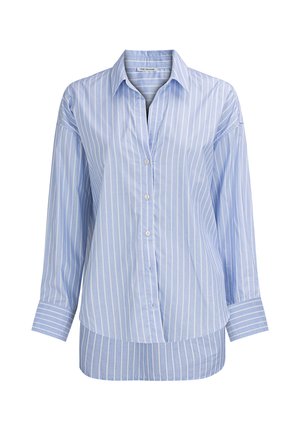 Hellblaues Hemd mit weißen vertikalen Streifen, langen Ärmeln, weiter Kragen und abgerundetem Saum.