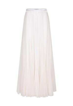 Langer weißer Rock aus geschichtetem, transparentem Stoff mit fließendem Design und tailliertem Bund. Verfügt über eine weiche Textur und zarte Drapierungen.