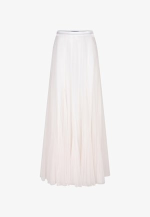 Lange witte rok gemaakt van gelaagd, doorschijnend stof met een vloeiende vorm en een strakke tailleband. Heeft een zachte textuur en fijne drapering.