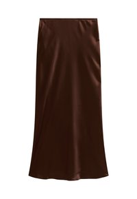 Brown satin midi skirt with a smooth texture and A-line silhouette, displayed on a white background.