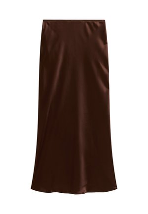 Brown satin midi skirt with a smooth texture and A-line silhouette, displayed on a white background.