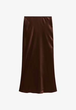 Gonna midi in satin marrone con una texture liscia e silhouette a trapezio, mostrata su uno sfondo bianco.