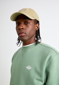 Groene sweatshirt met geribbelde ronde hals, voorzien van een klein wit logo op de borst. Tan pet met geborduurde patch. Glad stoffen textuur.