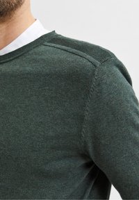 Uomo che indossa un maglione a maglia testurizzato verde scuro sopra una camicia bianca con colletto, mostrato dalla gola fino alla parte centrale del torace su uno sfondo chiaro e uniforme.