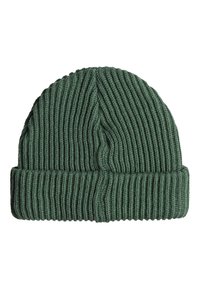 Dark green knitted beanie with a ribbed texture and a rolled cuff. The fabric appears thick and warm, suitable for cold weather.