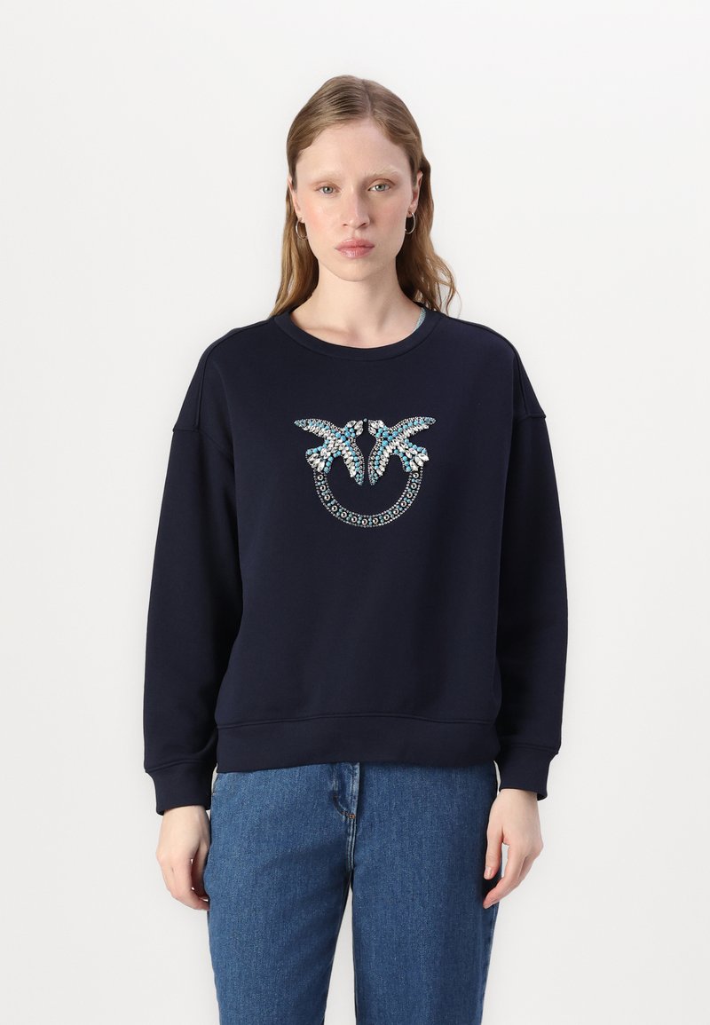 Felpa Pinko Ceresole Con Logo Birds Ricamato E Borchie - Maglia Donna Senza Collo, Maniche Lunghe